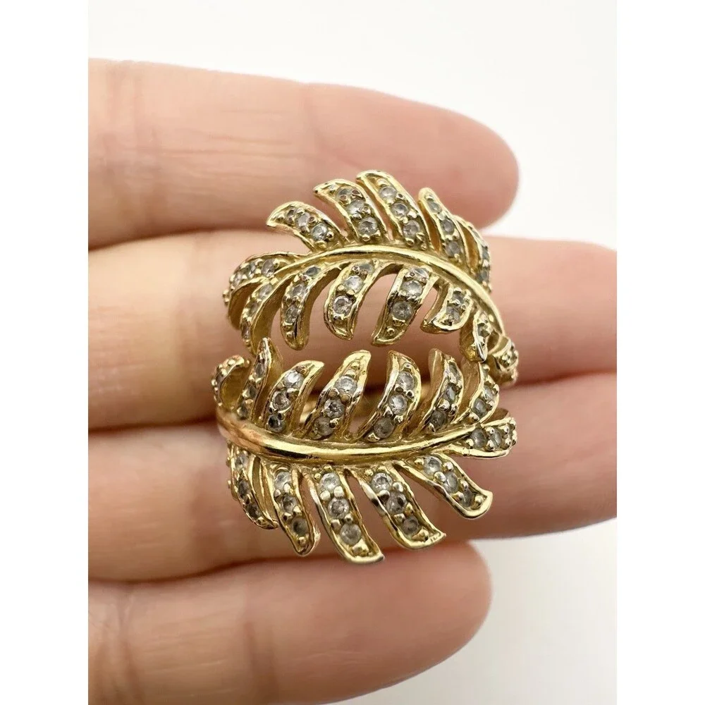Wrap Around Pave Set Feather Ring Gold Plated Size 6.5